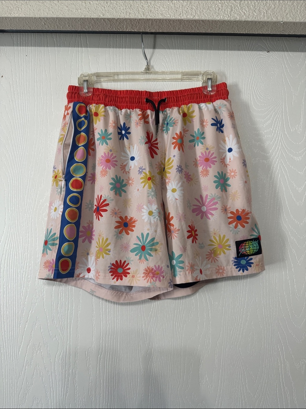 Men's Pink Floral Athletic Shorts with Red Waistband